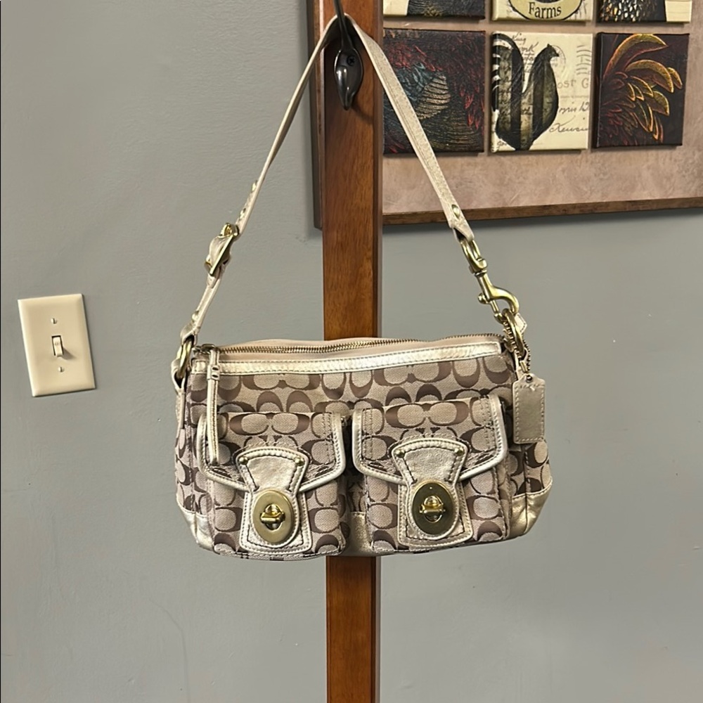 Coach Beige and Metallic Canvas Shoulder Bag